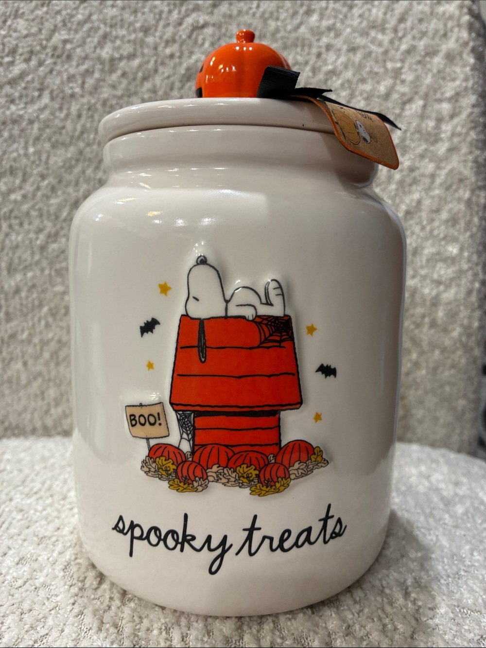 Rae Dunn White Ceramic 'Spooky Treats' Jar with Orange Pumpkin Lid
